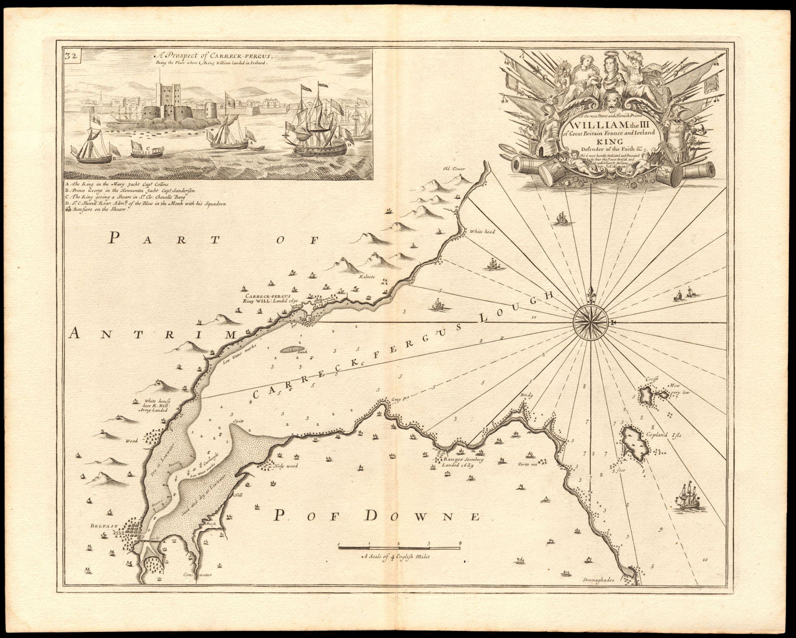 BELFAST LOUGH sea chart. 1690 William III at Carrickfergus. COLLINS c1774 map
